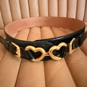 Moschino Vintage Heart Belt Double Gold Buckle Black Leather 90s Italy